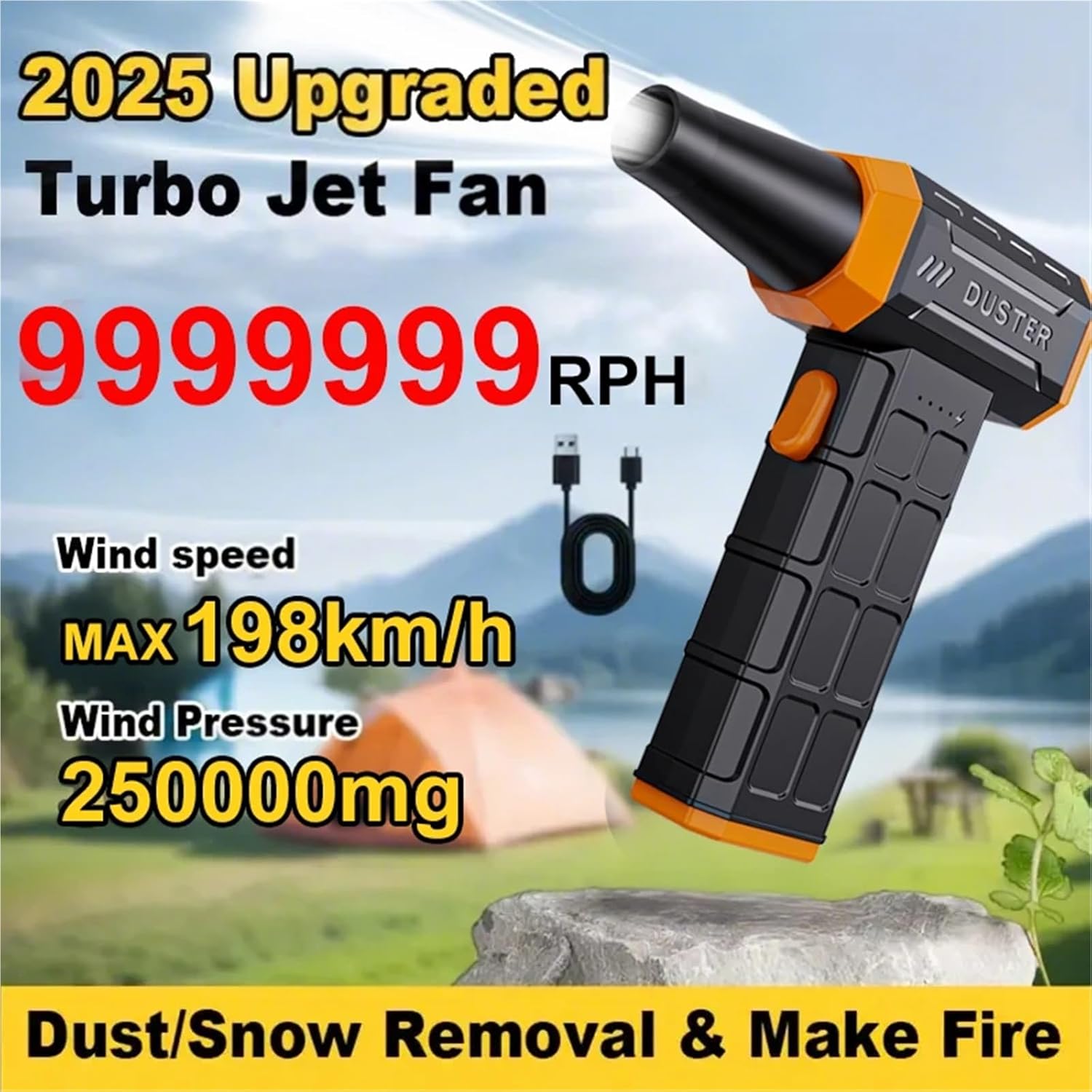 1多機能ポータブル高速ターボハンドヘルドファン、高出力自動車電子製品屋外除雪キャンプco(1PCS-Orange-1)