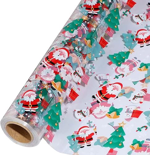 shareluck Rollo de celofán navideño de 100 x 31.5 pulgadas, envoltura de celofán de Navidad para envolver cesta de regalo, regalo, vino, decoración