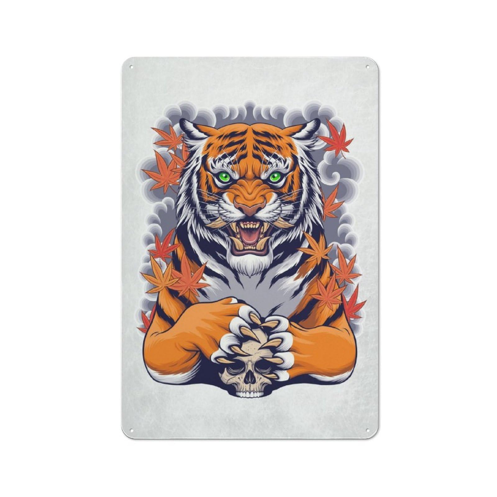 Junmoney Tiger And Skull Printed Metal Sign 30X20cm For Home Office Or Studio, A Christmas Gift For People Styling Home Office And Studio