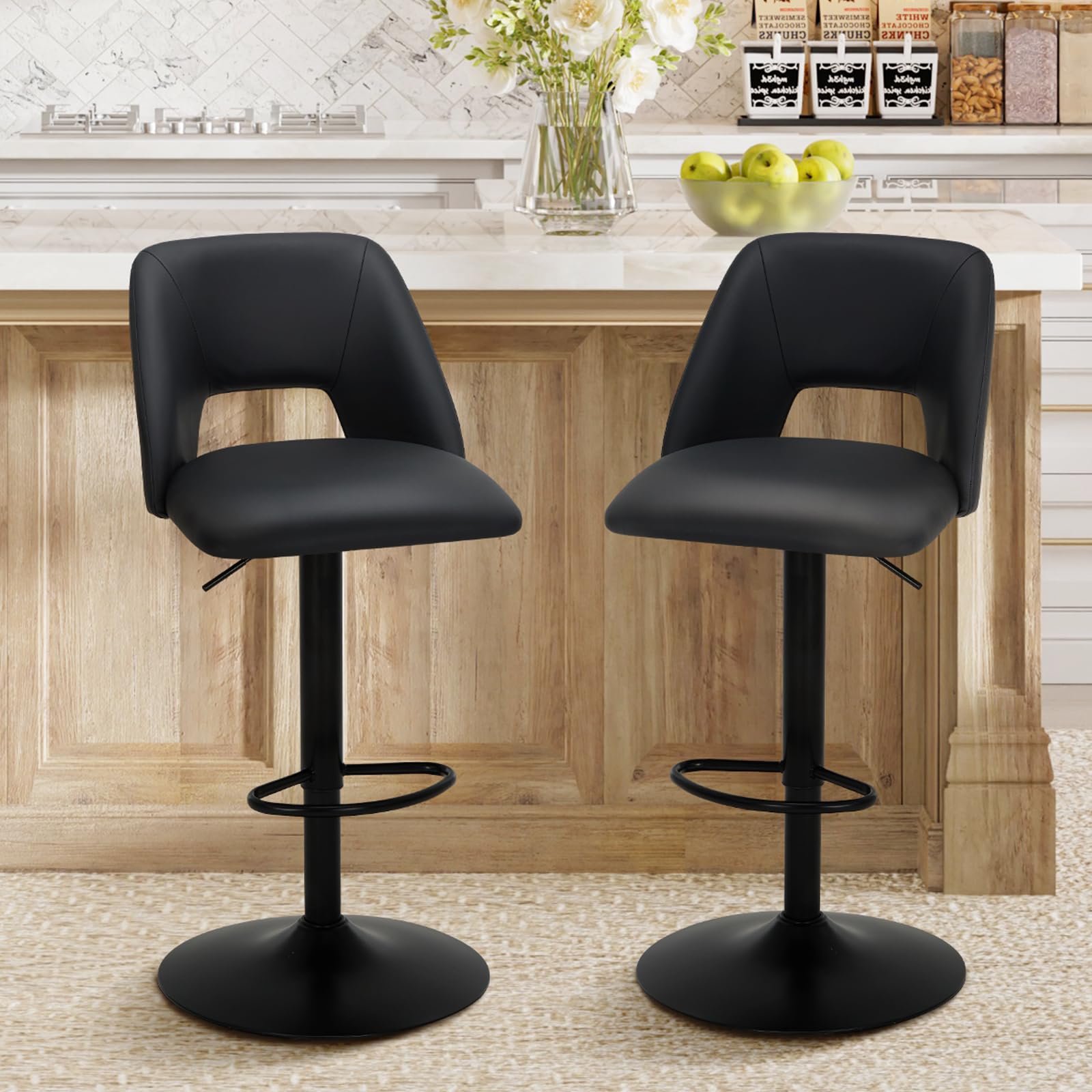 COLAMY Bar Stools Set of 2, Modern Swivel Bar Chairs, Adjustable PU Leather Upholstered Barstools Counter Height with Full Backrest for Bar, Dining Room, Kitchen Island, Black