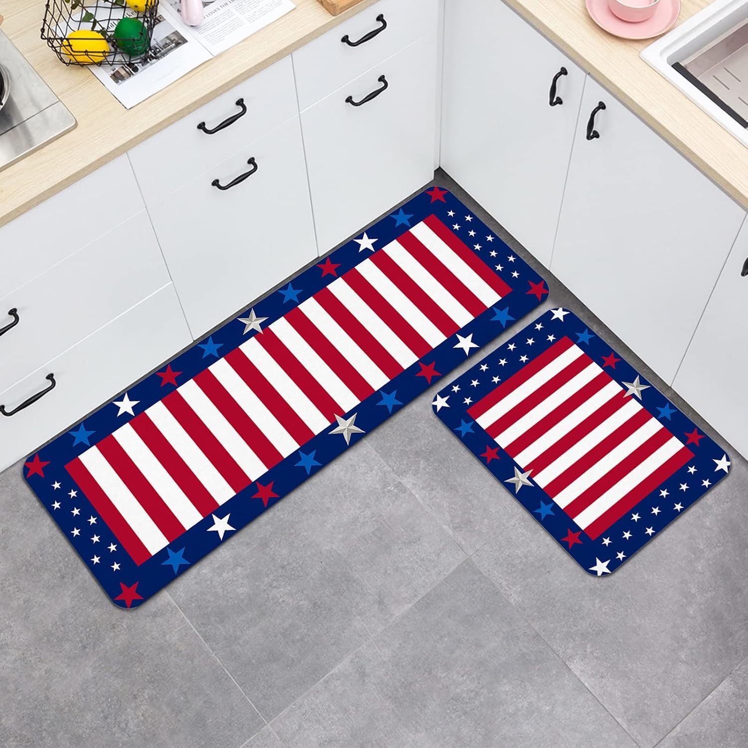 Prime Leader USA Flag Kitchen Mat Set 2 Pieces 4th of July Stars Blue White Red Stripe Non Slip Kitchen Rugs Washable Runner Rug Mats for Sink Laundry (19.7" x 31.5"+19.7" x 63")
