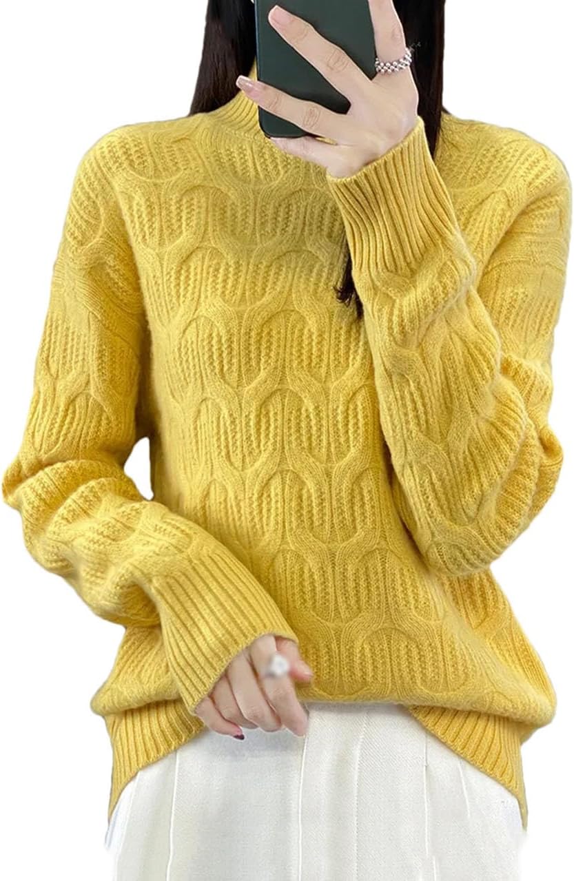 Women's 100% Australian Wool Sweaters Mock Neck Long Sleeves Cable Knit Jumper Winter Basic Soft Thermal Tops