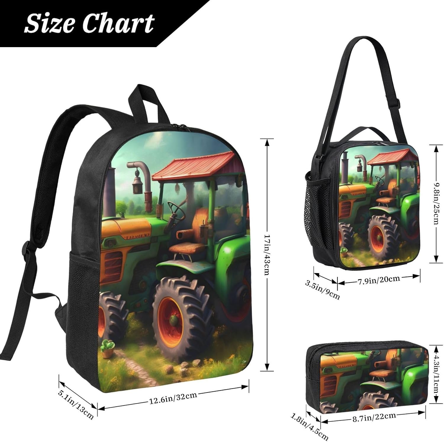 Fantasy Farm Tractor print 3 Piece Backpack Bags with Lunch Box Pencil Case Set for Travel Work Camping Unisex