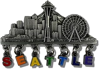 Seattle Skyline Souvenir Magnet, Metal with Rainbow Letters, Space Needle and Ferris Wheel Design