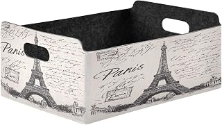 Kigai Retro Paris Towel Storage Basket, Foldable Open Storage Bins with Double Handle, Felt Storage Boxes for Office Desk, Rectangular Closet Organizer Containers for Home Bedroom