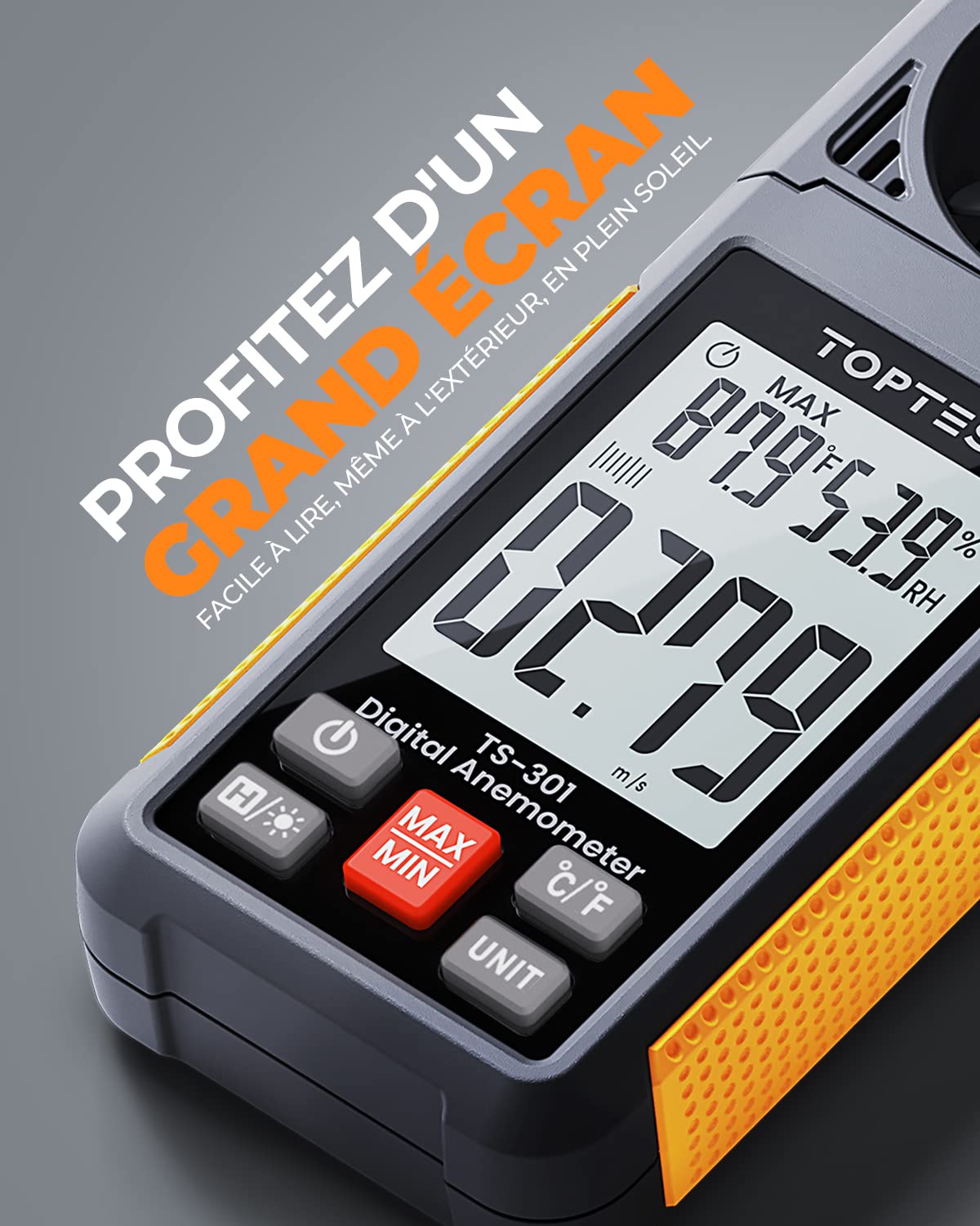 Anémomètre numérique TopTes TS-301, Compteur de Vitesse du Vent Avec écran LCD 2,26 pouces, Débitmètre d'air pour HVAC/Voile/Surf/Prise de Vue/Drone, 6 Unités de Mesure Rétroéclairage Jauge de Vent