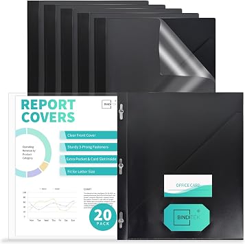Heavy-Duty Report Covers with 3 Prongs, 100-Sheet Capacity, Black, 20 Pack | Plastic Report Folders with Back Covers, Card Slot, 3-Prong Metal Fasteners, for Letter Size, for Professional Presentations