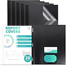 Binditek 20 Pack Clear Front Report Covers with 3 Prongs, 100-Sheet Capacity, Heavy-Duty Plastic Report Folder with Black Back Covers, 3 Metal Prongs Fasteners, Card Slot, for Letter Size