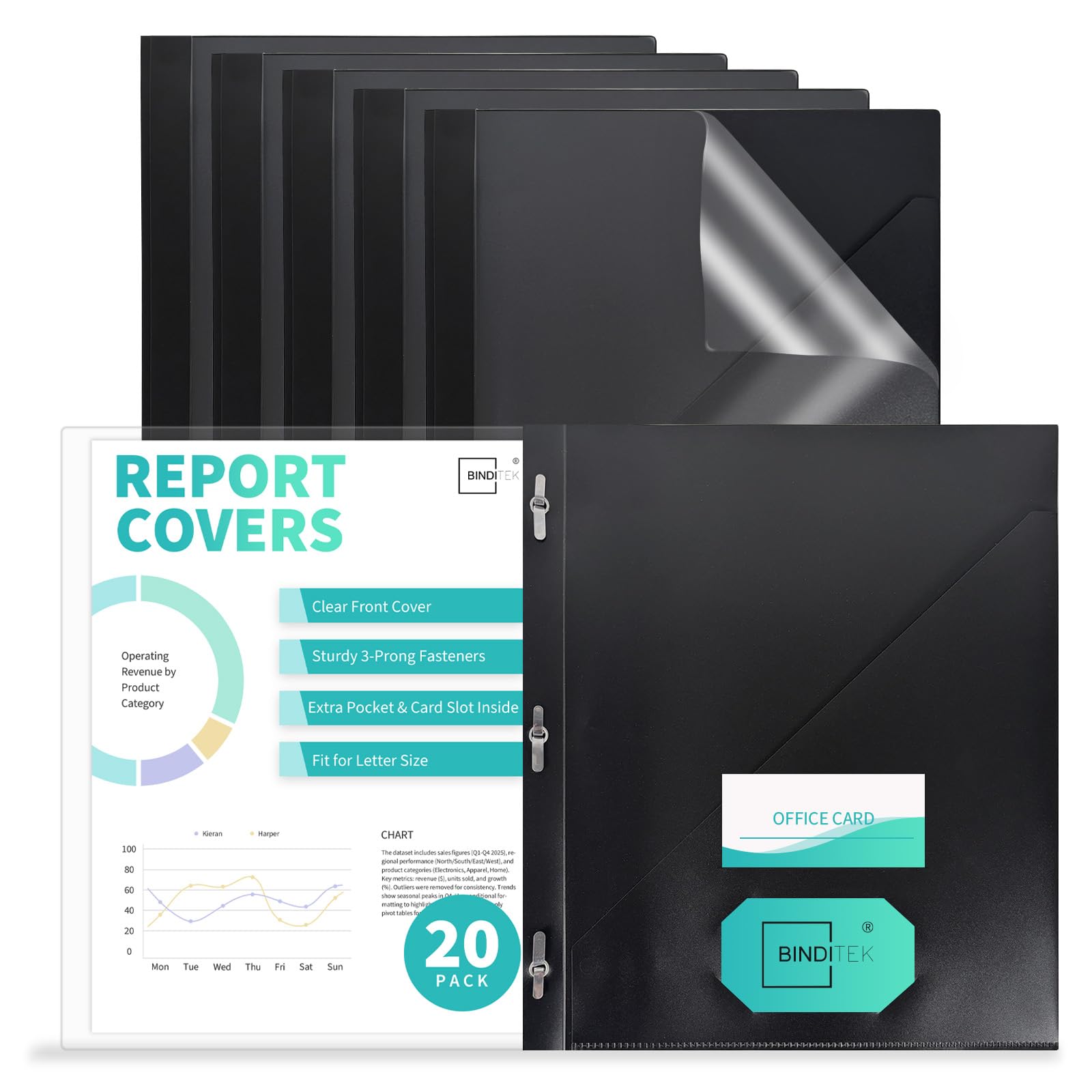 Heavy-Duty Report Covers with 3 Prongs, 100-Sheet Capacity, Black, 20 Pack