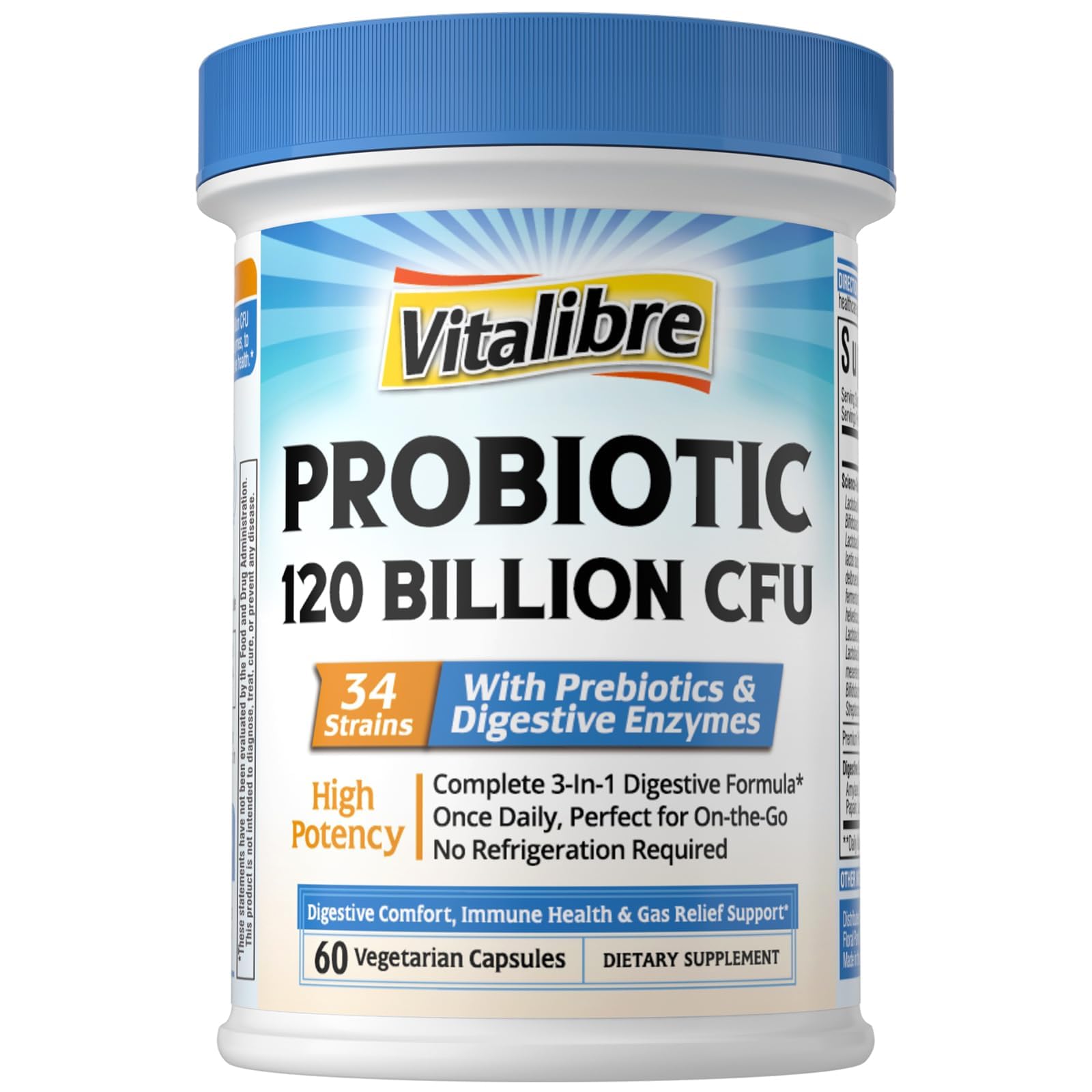 Vitalibre Probiotics for Women and Men, 120 Billion CFU 34 Strains, with Digestive Enzymes & Prebiotics, No Gluten, Gut Health, Digestive Health, Bloat Relief, 60 Veggie Caps 60 Count (Pack of 1)