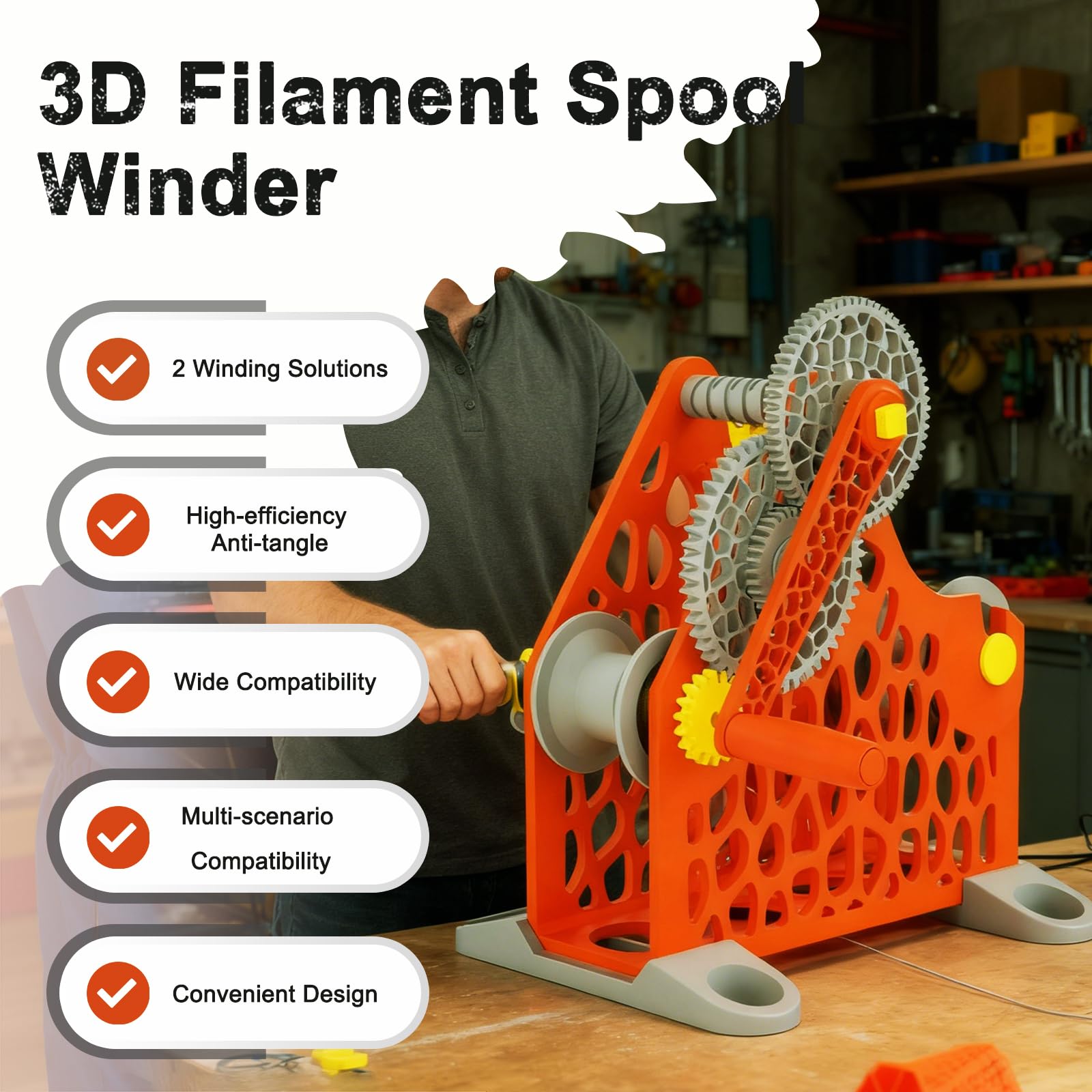 Nawijacz szpuli filamentu do drukarki 3D, ręcznie korbowana konstrukcja modułowa, nieplącząca się nawijarka materiałów eksploatacyjnych dla entuzjastów druku i spawaczy