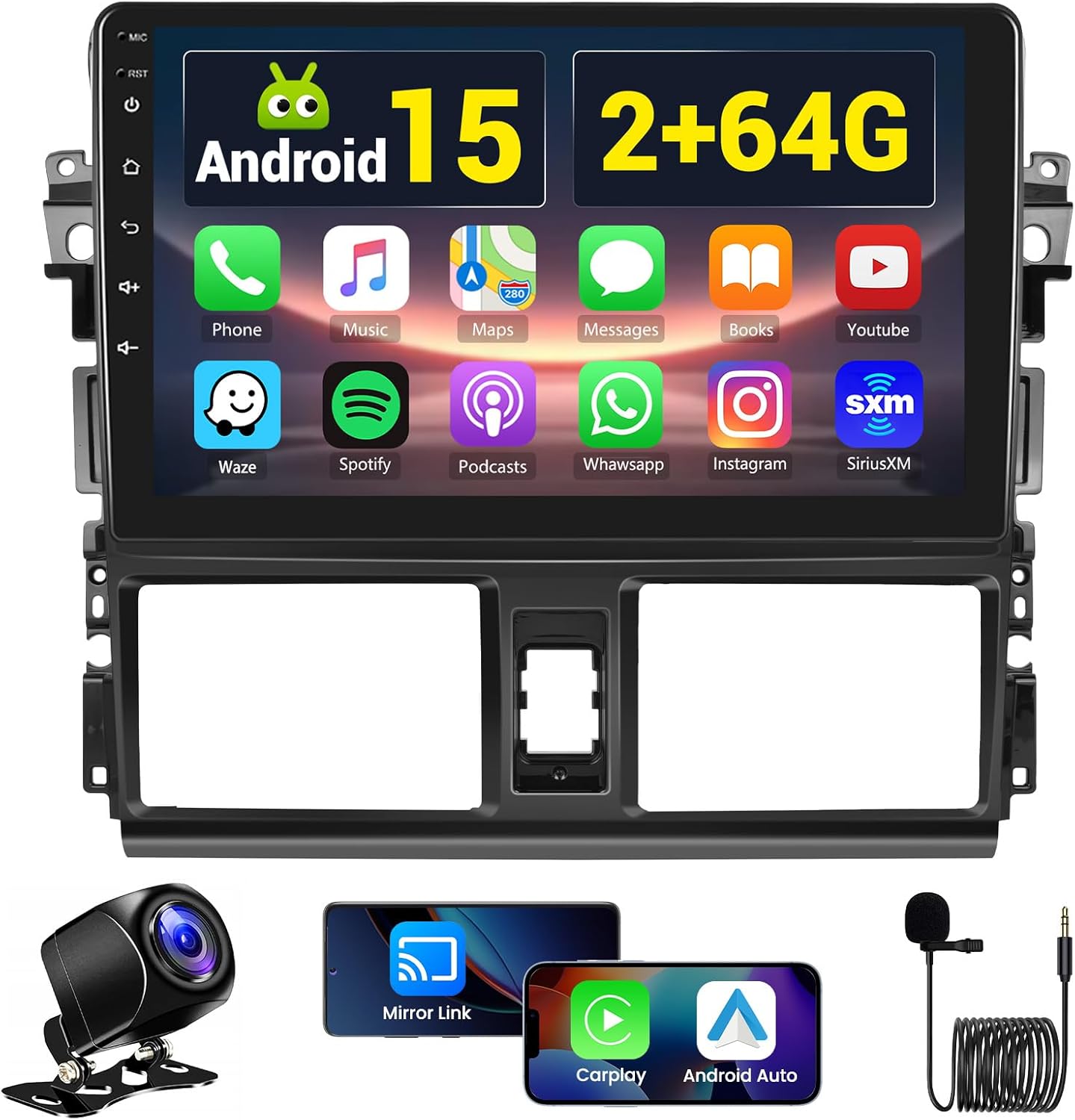 2+64GB Android 15 Car Radio for 2013 2014 2015 2016 Toyota Vios Yaris Wireless CarPlay Android Auto, 10.1 Inch Touch Screen Car Radio with WiFi GPS Bluetooth EQ 26UI AHD Backup Camera