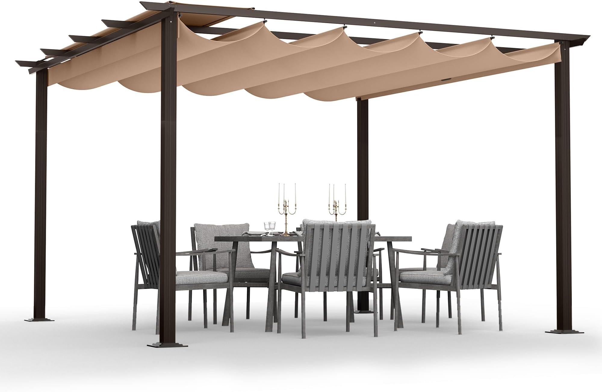 HAPPATIO 12' X 12' Retractable Pergola Canopy for Backyards, Gardens, Patios, Outdoor Pergola with Sun Shade Canopy, Includes Ground Studs and Expansion Screws (Brown)