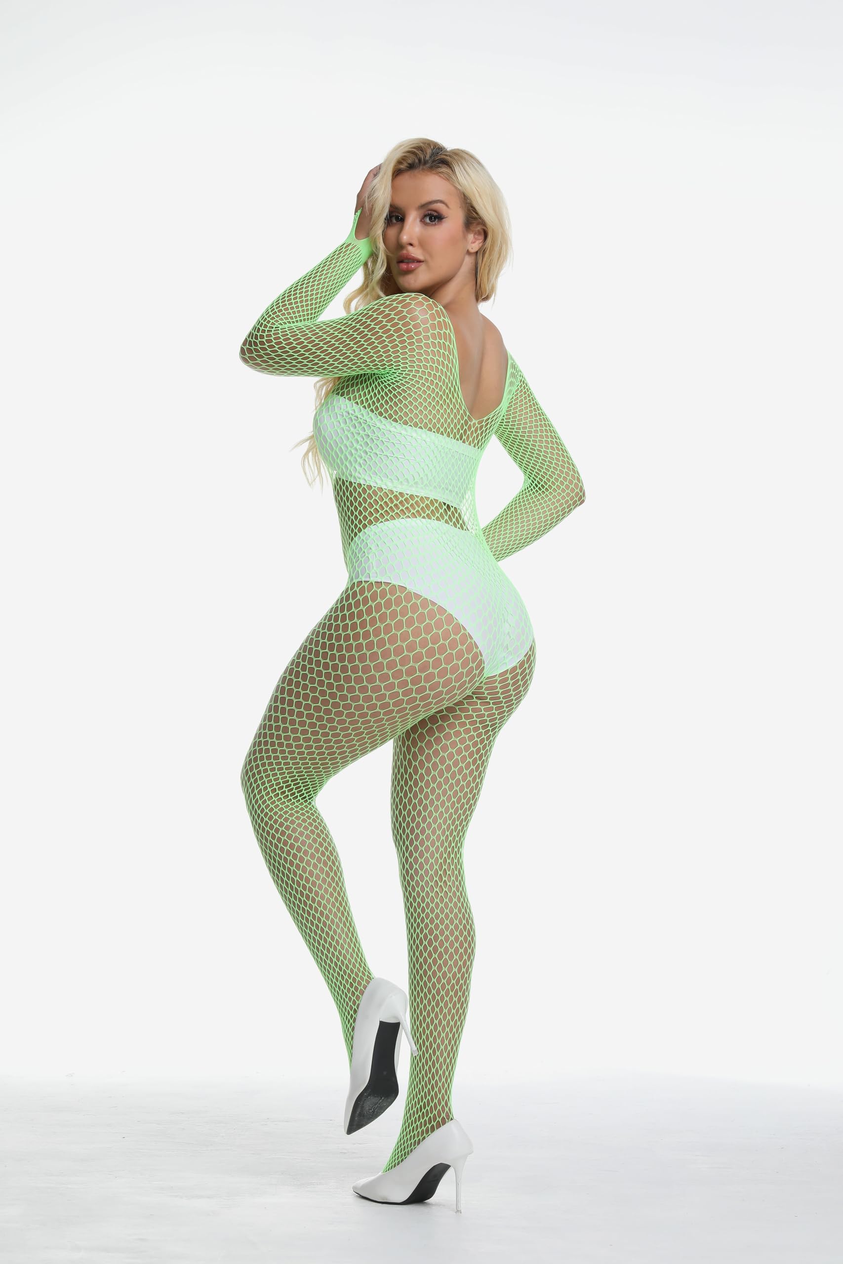 Amashion Women Fishnet Bodysuit Mesh Elastic One Piece Bodystockings Teddy Lingerie for sexy (Green, onesize)