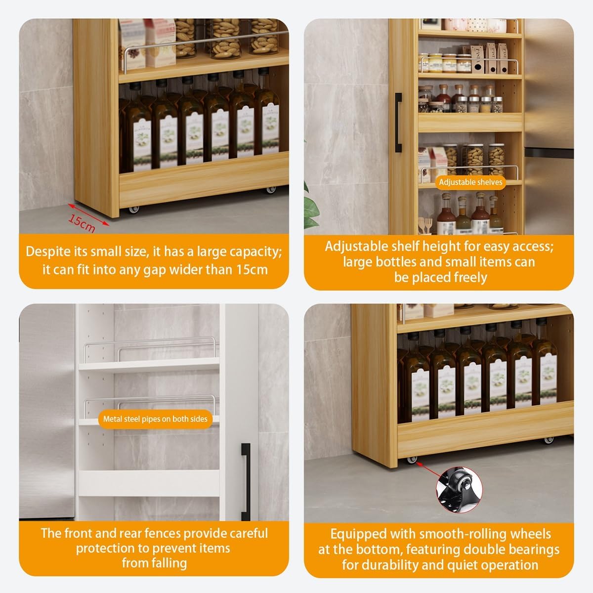 Skinny Rolling Storage Cart with Wheels, Multi-Tier Narrow Pull-Out Pantry, Slim Kitchen Organizer, Mobile Utility, for Home, Kitchen, Dining Room(Black,17.7x6x31.7in)