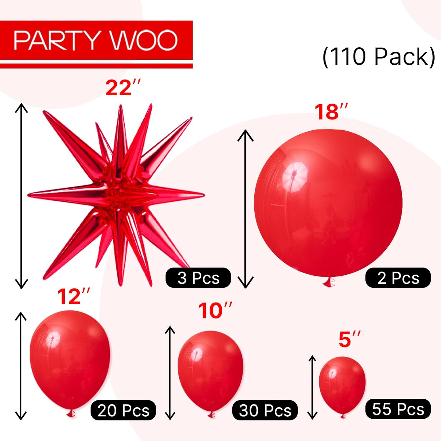 PartyWoo Red Star Balloons 110pcs Different Sizes 18 12 10 5 Inch Pack 22 Inch Red Spike Star Explosion Foil Mylar Balloon Arch Kit for Birthday Engagement Wedding Party Decorations Red-Y57