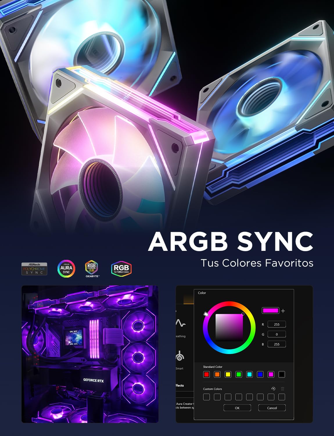 AsiaHorse Ventilador ARGB para PC 120MM [3 Piezas] [Infinity Mirror] [HDB] Ventilador RGB de 1800 RPM/61.5 CFM/24 LEDs 5V 3 pines ARGB 12V 4pines PWM vida útil de 50000 horas AMICI5GT Negro