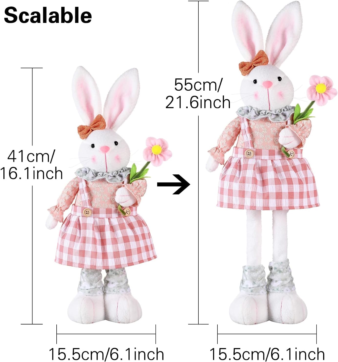 Adjustable Easter Bunny Gnome with Flower 16.1" to 21.7" Extendable Plush Rabbit Decor, Spring Gnomes Standing Bunny Tabletop Decoration, Cute Easter Gift for Home, Shelf & Holiday Display