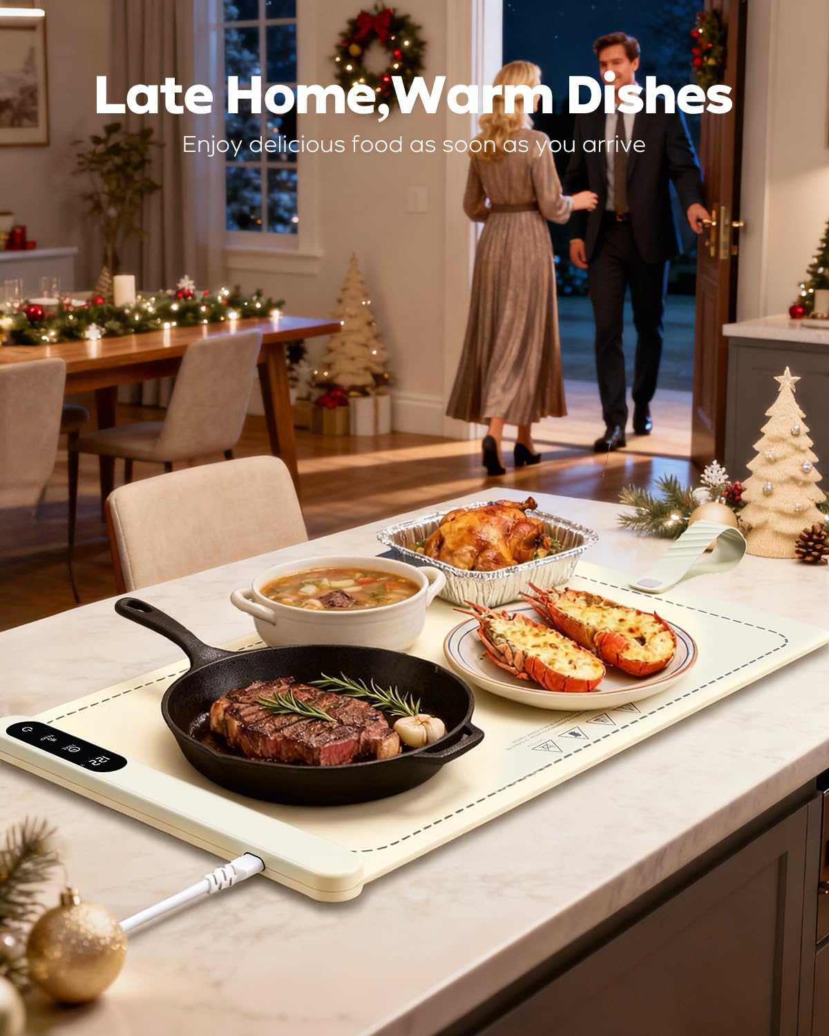 Warmhalteplatte Elektrisch, Graphen Warmhaltematte, 6 Einstellbare Temperatur Wärmeplatte Essen, 0-6H Zeitschaltuhr Wärmetablett für Versammlungen, Partys, Buffet (weiß)