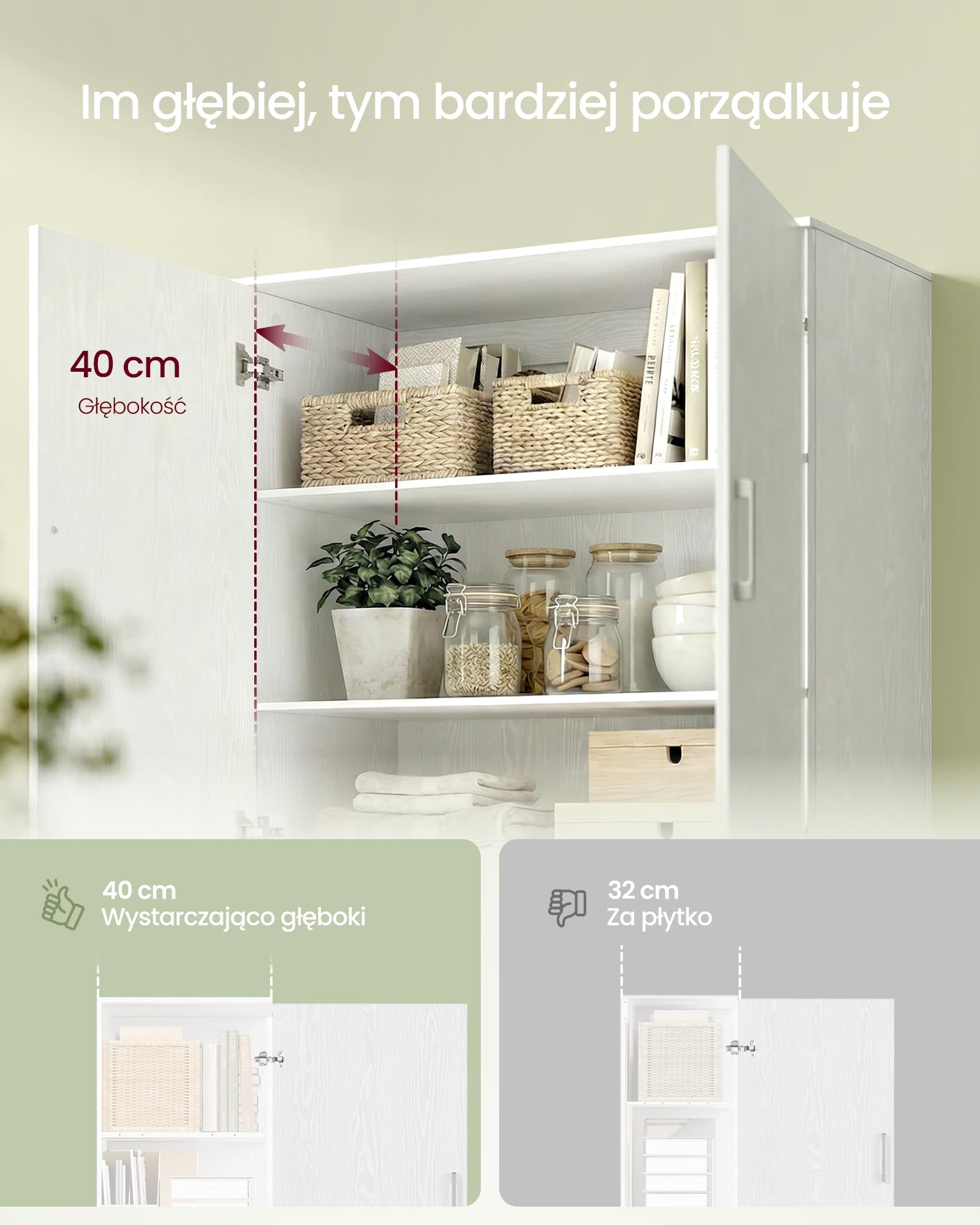 SONGMICS OFC083WE01 szafa wielofunkcyjna, z 4 drzwiami, 5 półek, szafa do przechowywania, szafa na ubrania, z uchwytami, drewniana płyta wiórowa, 80 x 40 x 180 cm, śnieżnobiała