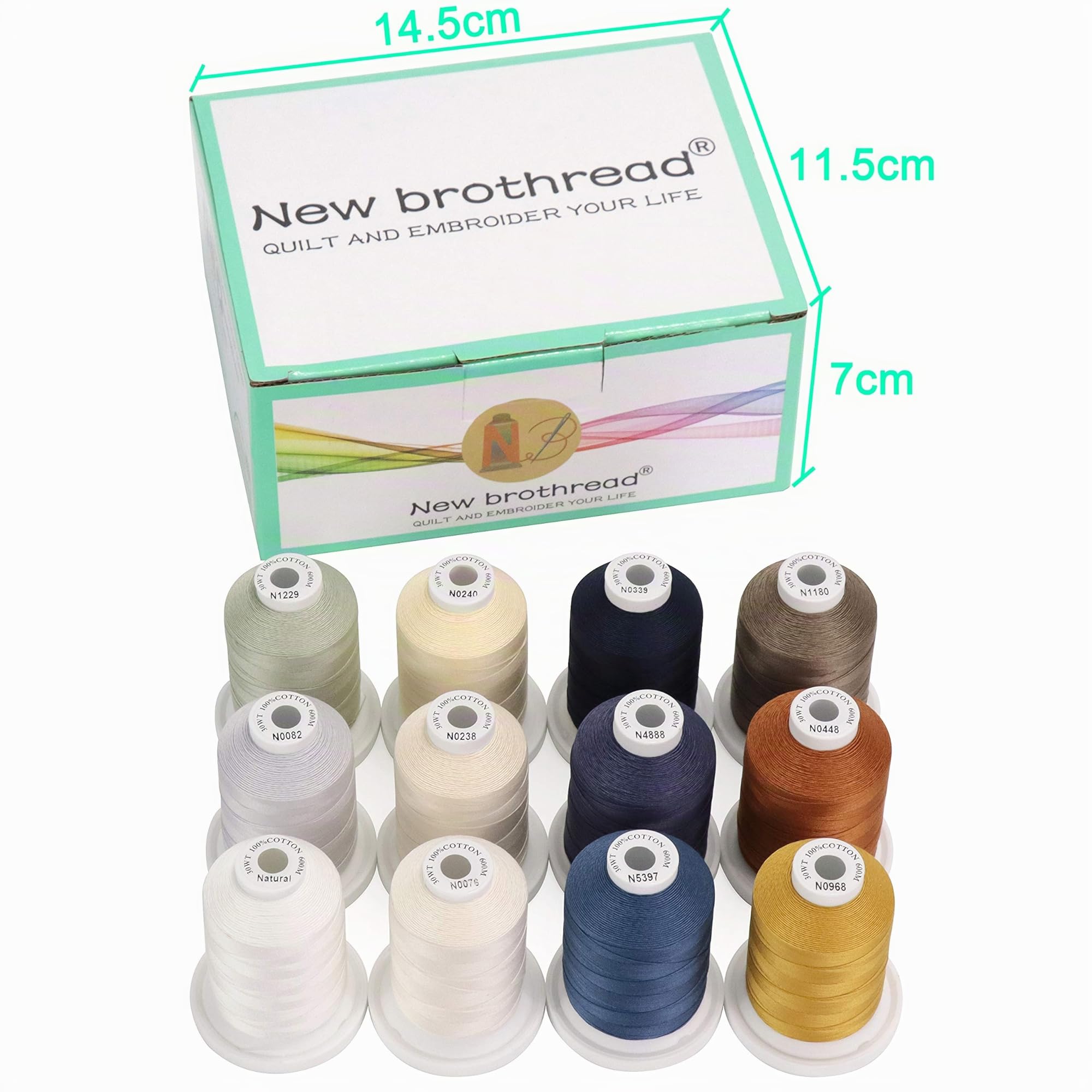 New brothread 12 Colori Neutri&Jean Multiuso Filo di Cotone Mercerizzato al 100% 30WT (50S/3) 600M per Quilting, Cucito e Ricamo