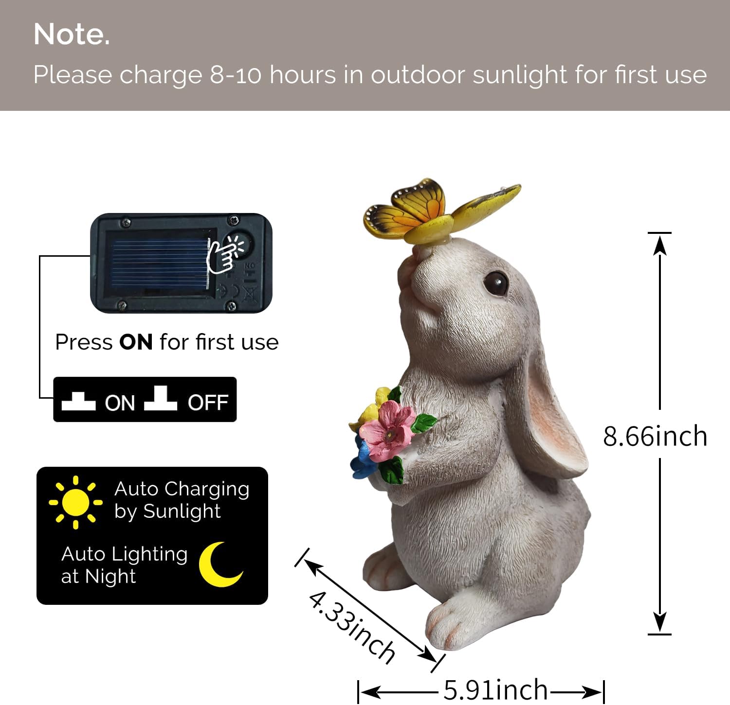 Solar Garden Statue LED Outdoor Garden Decor Funny Animal Sculpture for Yard Patio Lawn Weatherproof Resin Birthday Art Gift（Rabbit and Butterfly）