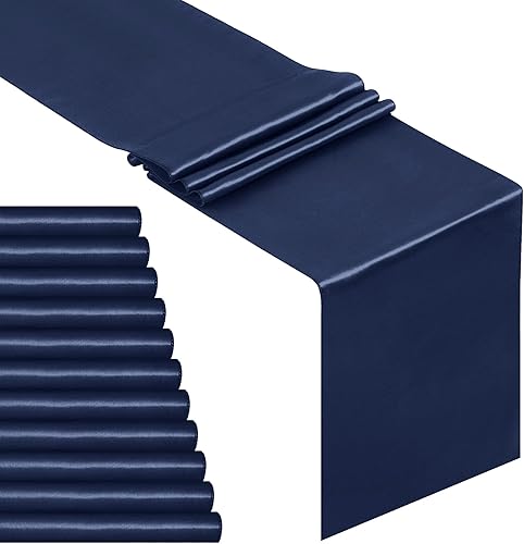 Paquete de 12 caminos de mesa de satén de 12 x 108 pulgadas de largo, color azul marino, camino de mesa de seda satinada para boda, cumpleaños,