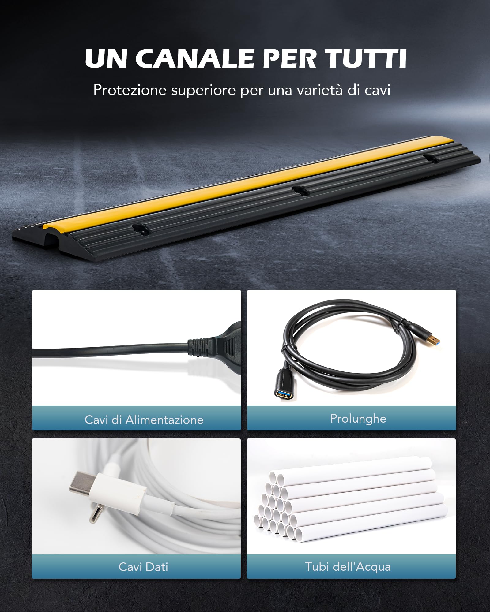 CREWORKS 4 Pezzi Passacavo a Pavimento in Gomma con 1 Canale Capacità 3T, Passacavi a Pavimento Rampa, Modulare Coperchio di Protezione Cavi Antiscivolo, Protezione per Rampa in Gomma