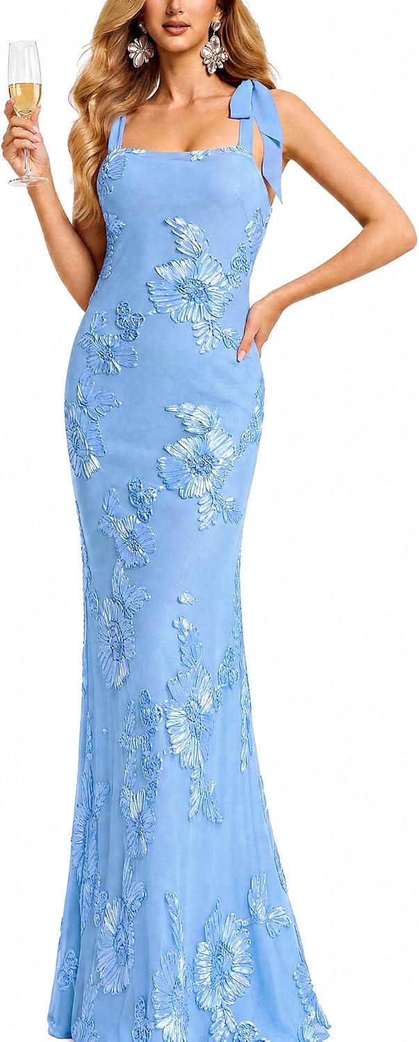 Women's Summer Spaghetti Strap Floral Maxi Dress 2026 Bodycon Mesh Mermaid Wedding Guest Cocktail Party Formal Dresses