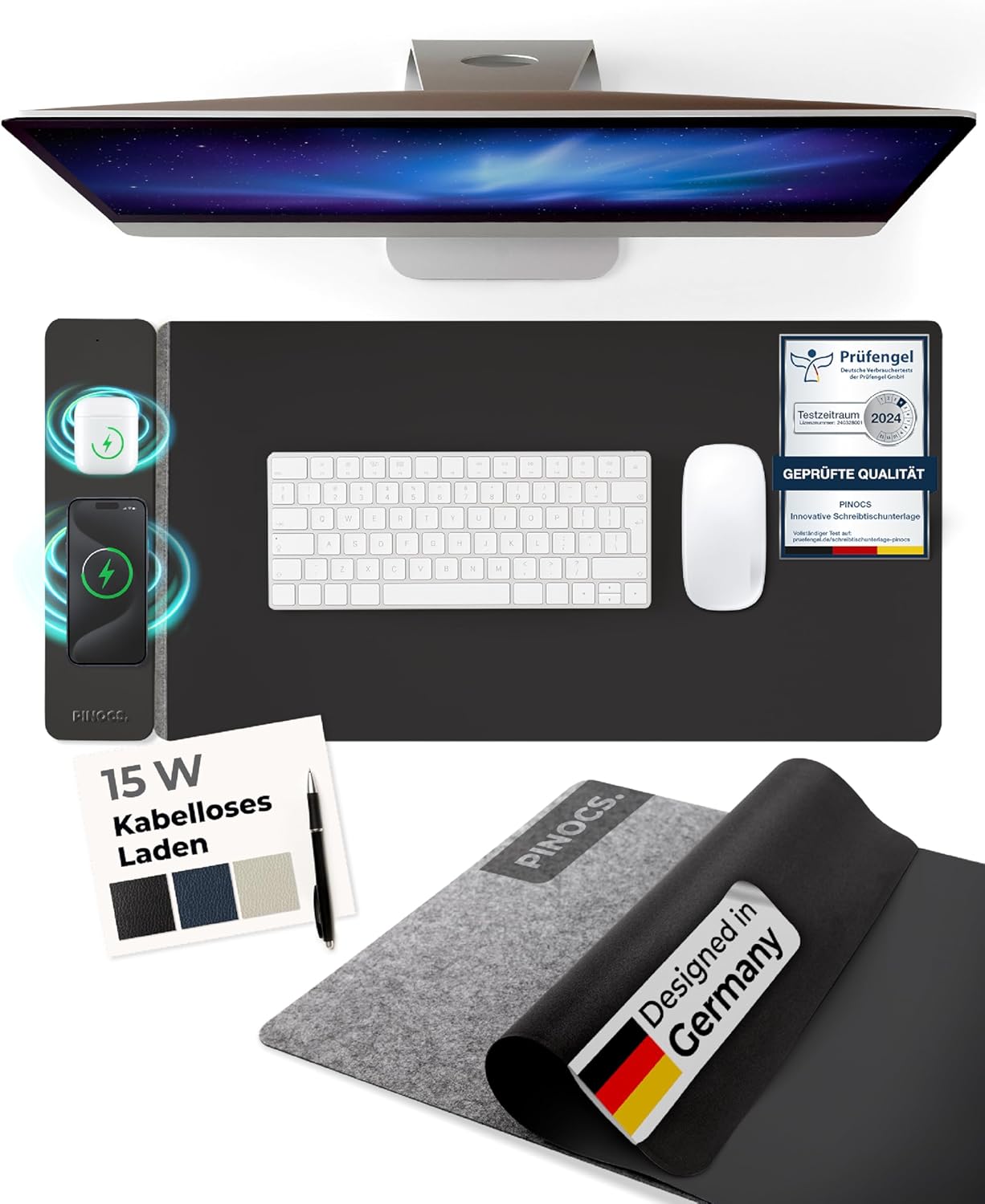 Schreibtischunterlage mit Ladefunktion für iPhone/AirPods/Android; Multifunktional; Leder/Filz; Schnellladen; Links/Rechtshänder; Minimalistische Schreibtischmatte; Desk mat; mauspad