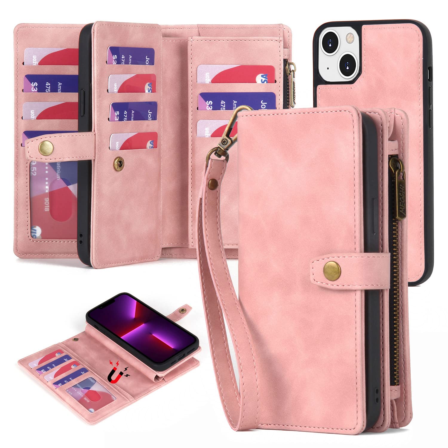 TwoHead Designed for iPhone 14 Wallet Case with Card Holder,Detachable Magnetic Phone Case with Wallet PU Leather Wallet Phone Case Wallet for Women/