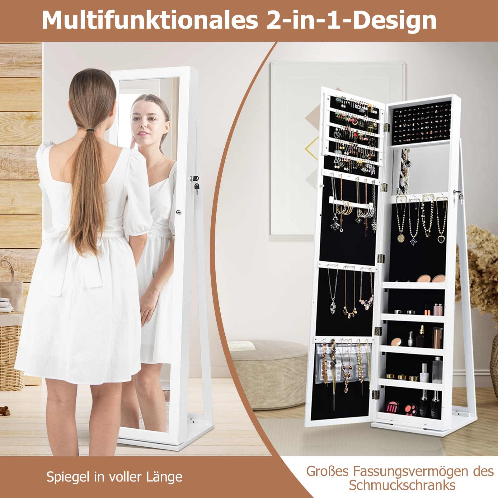 GOPLUS Schmuckschrank mit Spiegel, Spiegelschrank stehend mit großem Stauraum, Lagerregalen und Umkippschutz, Standspiegel Schmuck Organizer abschließbar für Schlafzimmer Wohnzimmer (Weiß)