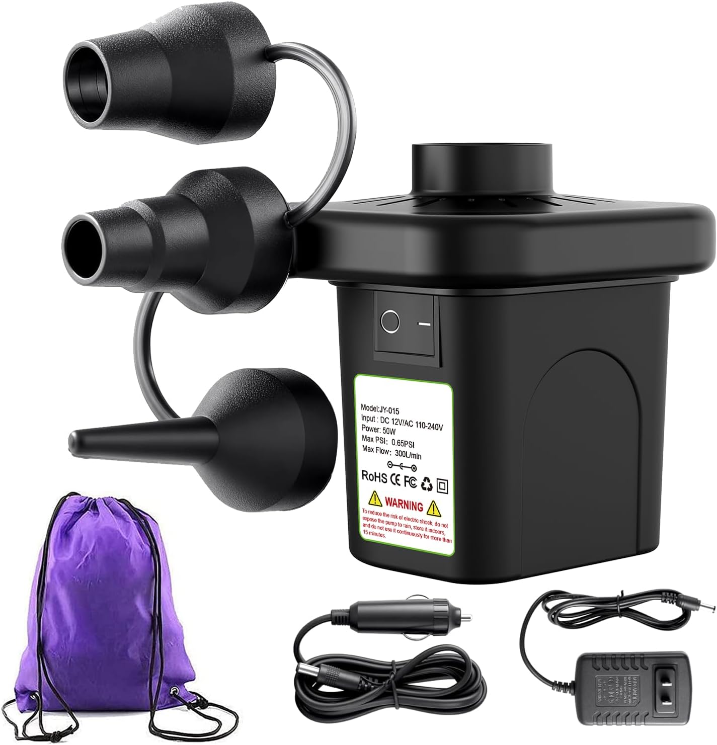 Electric Air Pump, 110V AC/12V DC Portable Air Mattress Pump Two-Way Universal Inflator Electric Pump for Inflatable Pool, Air Beds, Etc with 3 Nozzles and 1 Storage Bag