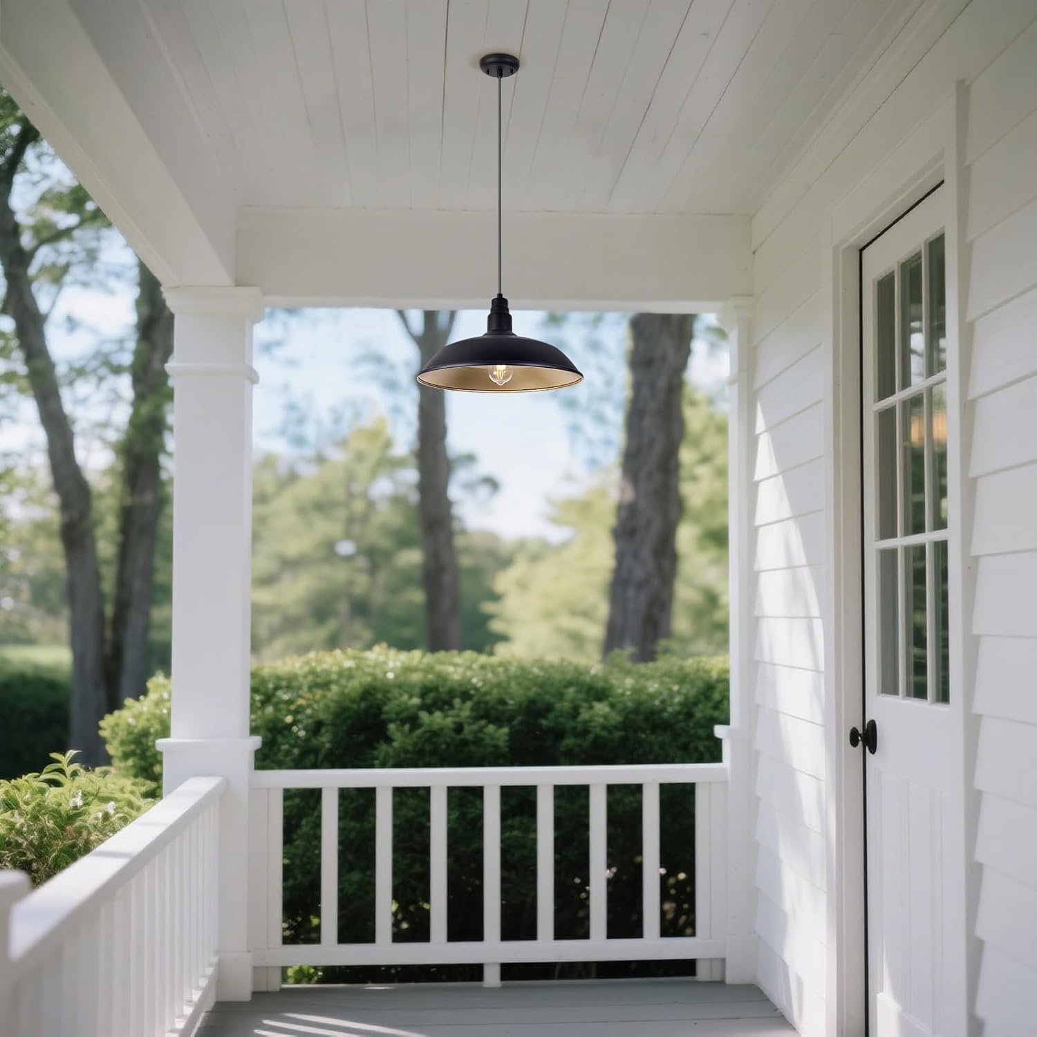 Farmhouse Pendant Light with 16 Inch Dome for Outdoor and Indoor Use, Barn Style Hanging Light for Kitchen Dining Room, Adjustable Height, Matte Black Exterior/Brass Interior