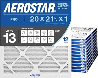 Aerostar 20x21 1/2x1 MERV 13 High Efficiency Pleated Air Filter, 12-Pack, Electrostatic AC Furnace HVAC Replacement, Captures Smoke Bacteria Allergy Dust Pollen Pet Dander 19.875x21.5x0.75