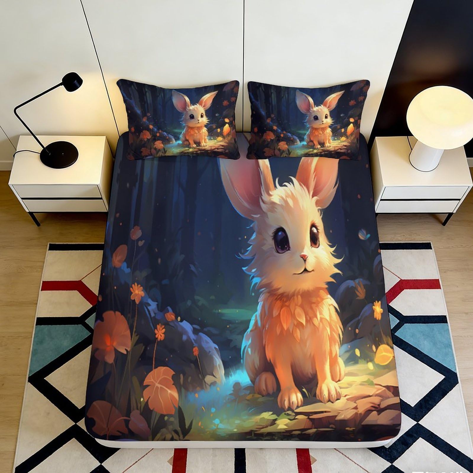 3D Printed Fantasy Bunny Fitted Sheet Microfiber Soft Bed Cover Forest Night Decor for Bedroom Dorm Mattress Protection 90x200x25cm