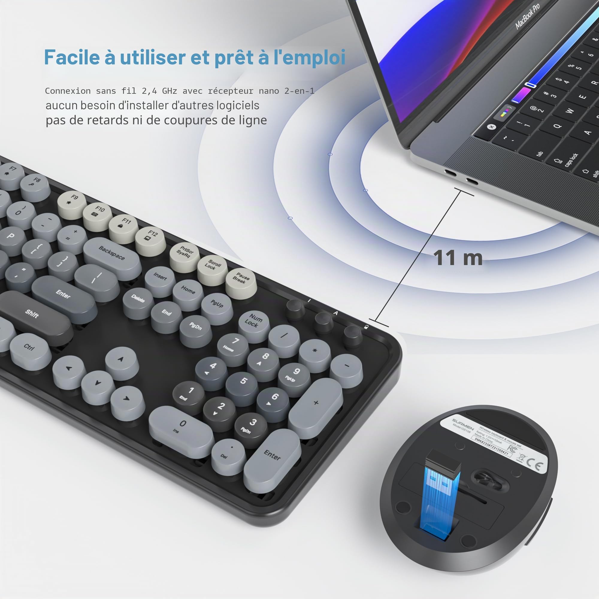 Clavier Souris sans Fil, Clavier Touche Ronde Retro Machine à écrire, Cute Clavier Ordinateur 2.4G, Américain QWERTY, Claviers Ergonomique sans Fil à 104 Touches (Gradient Dark)