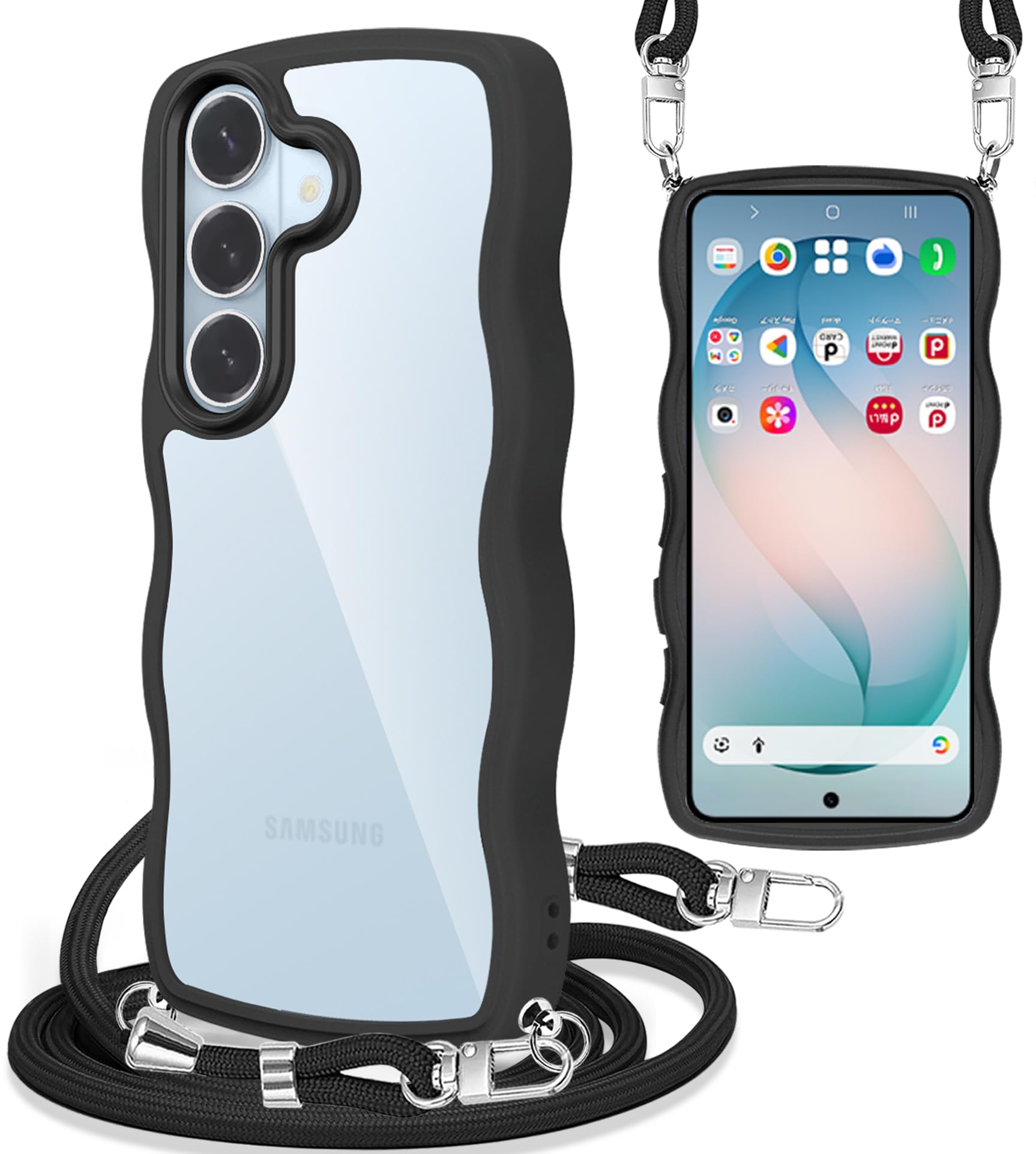 Yuanlai For Samsung Galaxy S26 ケース クリア ショルダー 肩掛け 斜めかけ SC-51G スマホケース 波型 かわいい ギャラクシーS26 5G カバー 耐衝撃 紐付き 織りストラップ付き ネックストラップ 長さ調整可能 取り外し可能 (ブラック)
