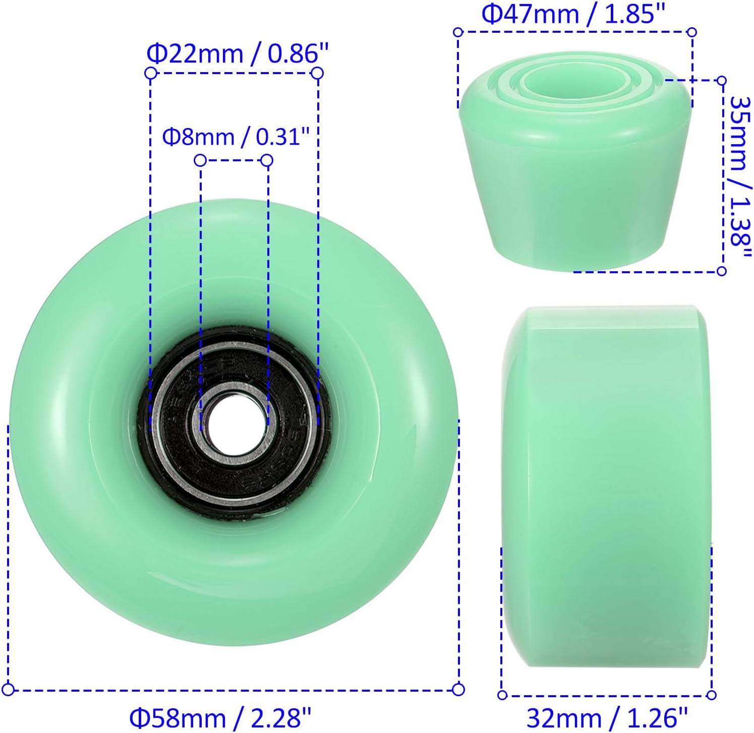 8 Pack Roller Skate Wheels - Quad Skates Wheels with Bearing Installed & 2 Toe Stoppers Apply to Outdoor Double Row Skating (58x32mm, 82A, Green)