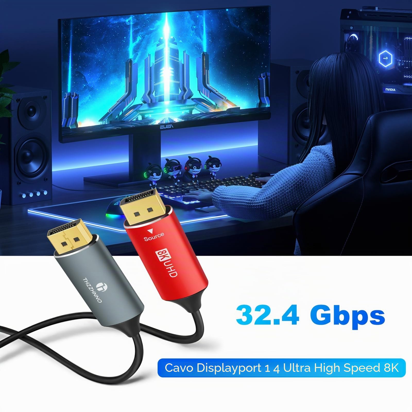 Cavo Fibra Ottica DisplayPort 4K 8K 10M, Cavi DP a DP 1.4 8K@30Hz 4K@144Hz, 2K@165Hz, 32.4Gbps Supporto HDR, G-Sync FreeSync per Computer Portatile, PC, TV