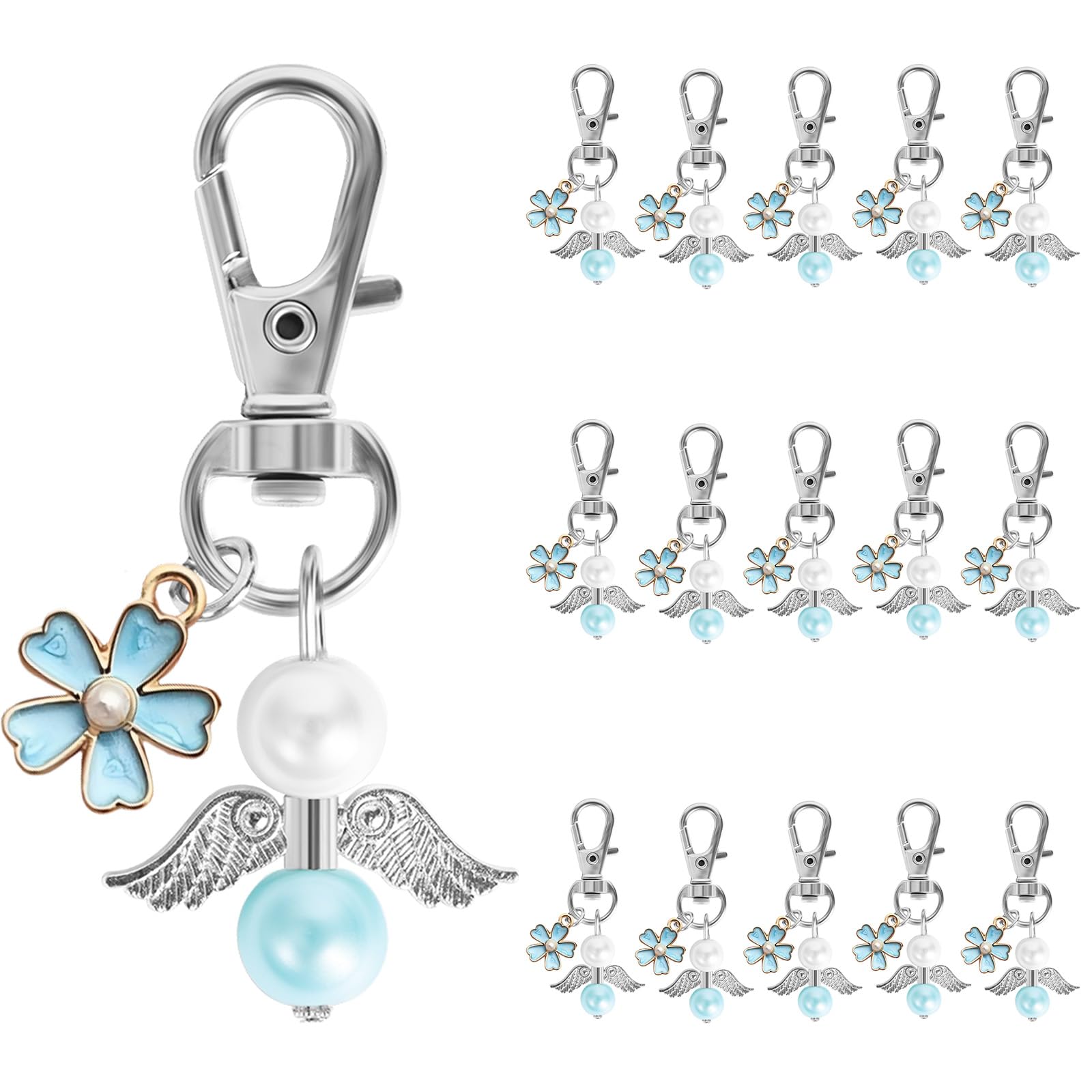 Foshird 16 Stück Schlüsselanhänger Schutzengel Anhänger Blume Glücksbringer Abschiedsgeschenk Mitgebsel Gastgeschenk für Hochzeit Geburtstag Taufe Kommunion Konfirmation - Blau