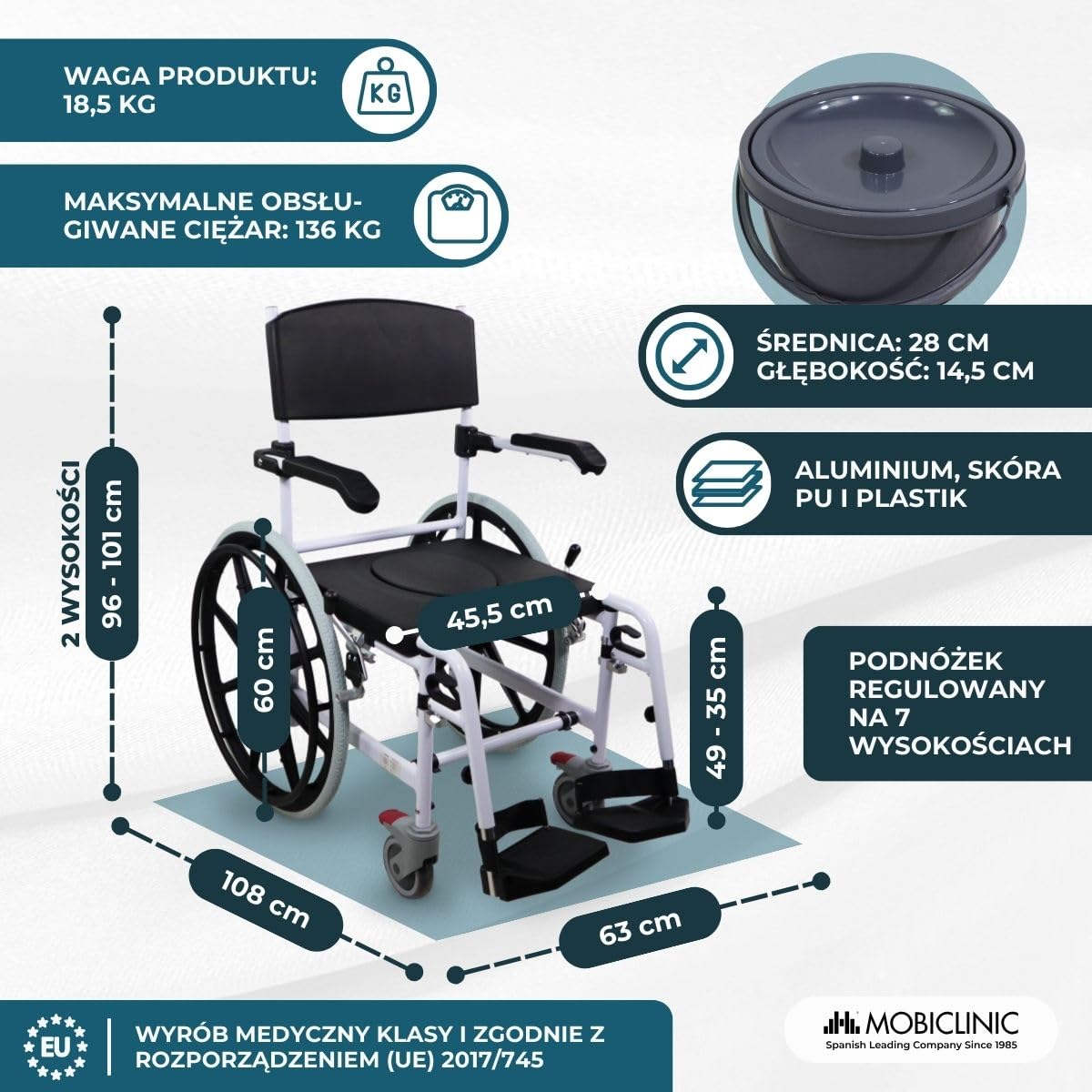 Mobiclinic®, Krzesło Wannowo-Prysznicowe na Kółkach, Przenośna Toaleta, Ze Zdejmowaną Miską, Samobieżne, Regulowana Wysokość, Składany Podnóżek i Podłokietniki, Caligula