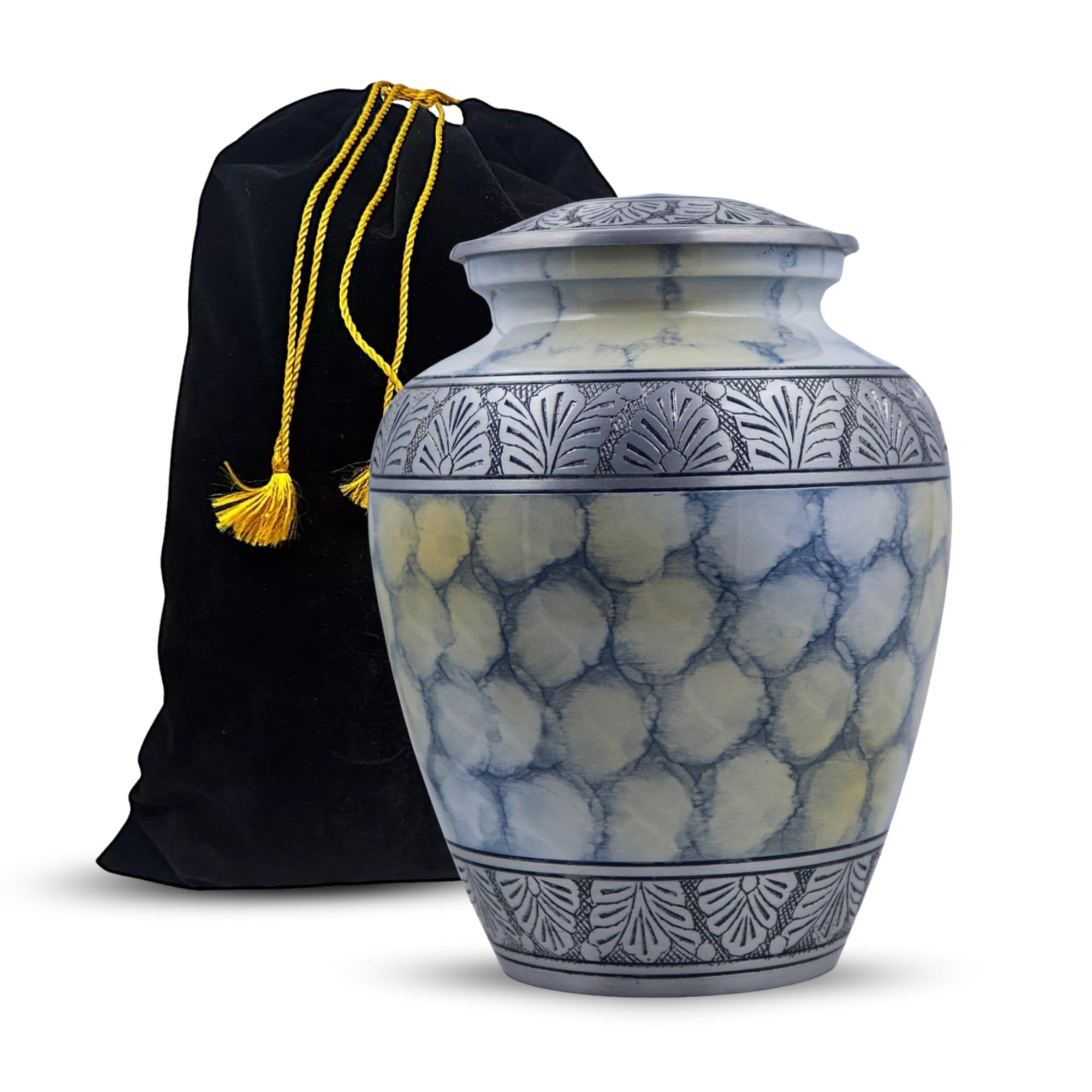 Urna de cremación grabada en plata para cenizas humanas, urna conmemorativa funeraria hecha a mano, urnas funerarias grandes, bolsa incluida (7.5 x 7.5 x 9.5 pulgadas, 200 libras o 91 kg, color blanco