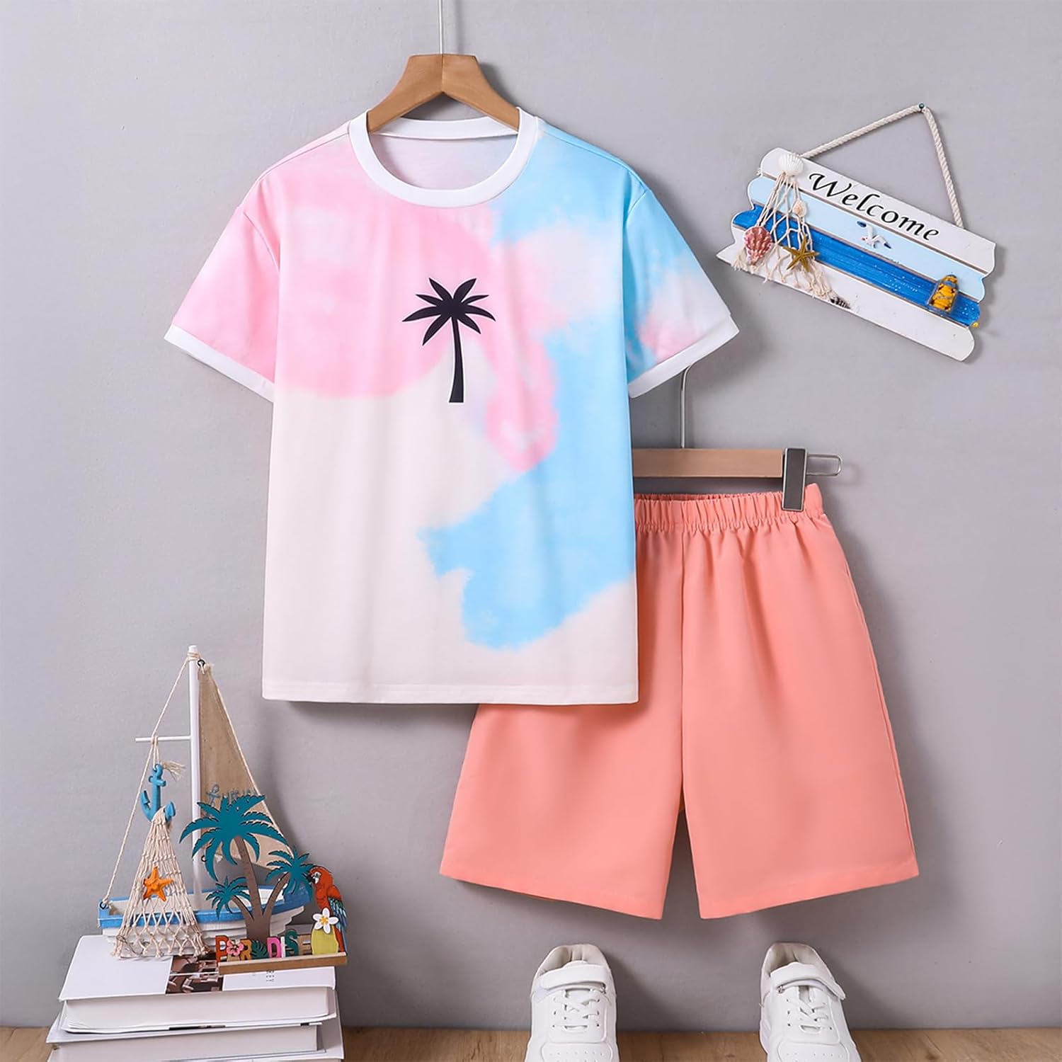 Summer Clothing for Boys 2-piece, Tie Dye Sleeveless Tank Top and Sports Shorts Hawaiian Tree Print Shirts Outfits. - Image 4