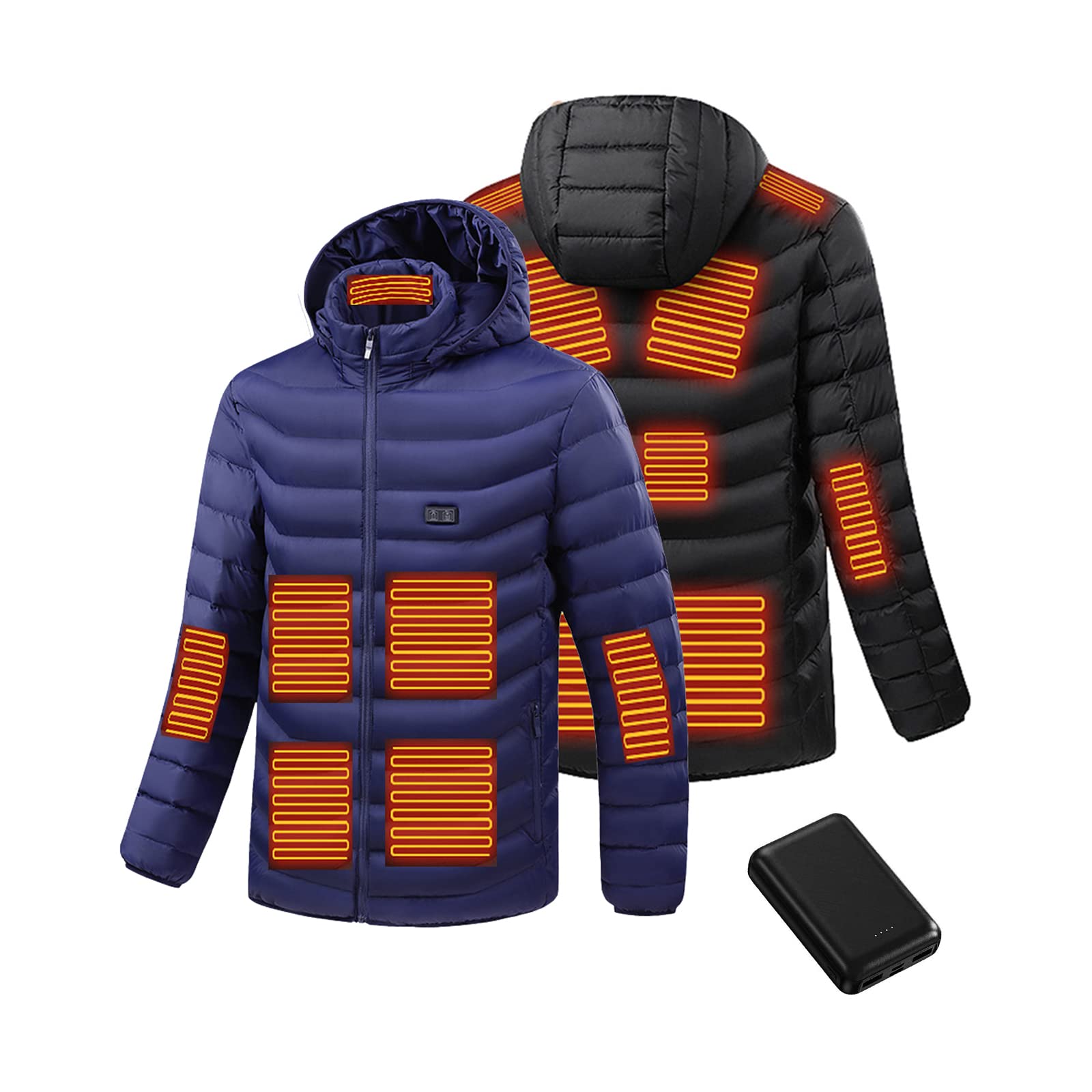 Weyot Heated Jackets for Men, Heated Coat For Hiking Ski Camping Hunting, USB Heated Jacket, Electric Heated Clothing with Hood, 15 Heating Zones,L, Blue+Power bank