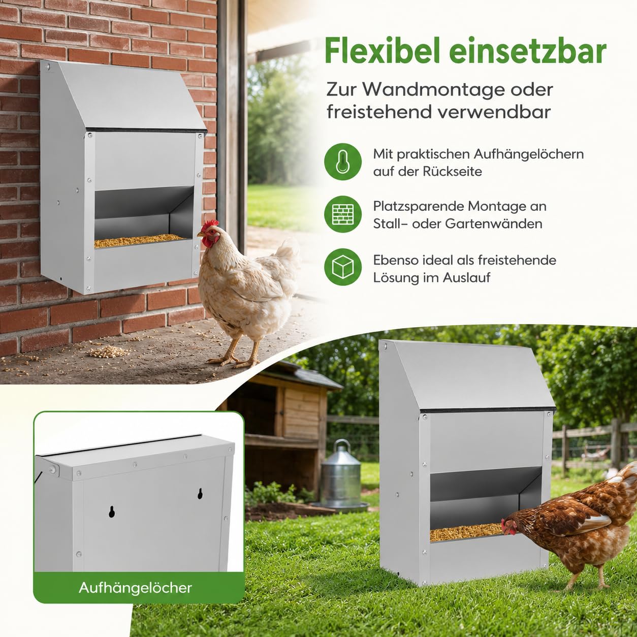 5kg Futterautomat Hühner, verzinkter Stahl, Hühnerfutter Automat rattensicher, wasserfest – Hühner Futterautomat für Stall/Freiland, inkl. Handschuhe, Löffel, Kratzschutzstreifen