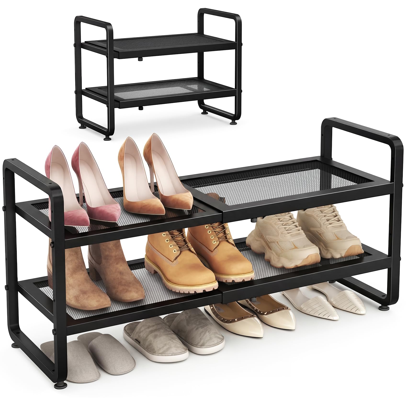 Photo 1 of SAYZH Expandable Shoe Rack for Closet, Adjustable Metal Shoe Organizer with Sturdy Mesh Shelves for Boots & Heels, Stackable Shoe Storage for Entryway, Garage, Small Spaces (Black, 2-Tier)