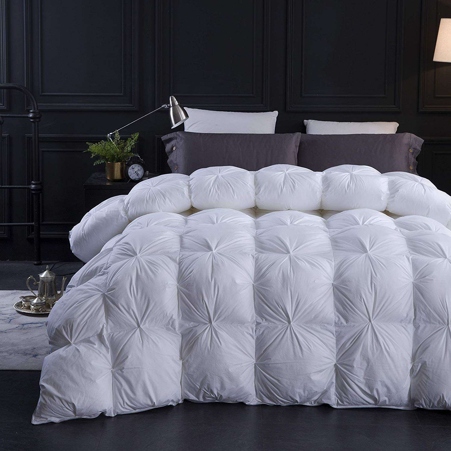 9.8 Newton Wool Filled 1000-TC Pinch Pleated Down Comforter Oversized King Plus (128x120) 1-Piece All-Season Duvet Insert, 650 GSM Micro Fill with All Side Corner Tabs 100% Egyptian Cotton
