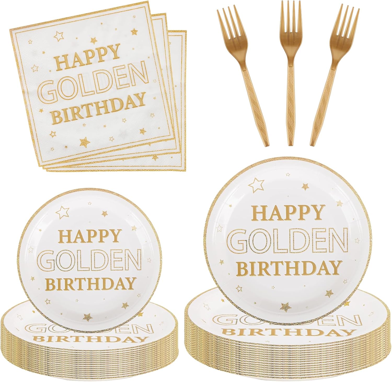 200 Pcs Happy Golden Birthday Party Plates Supplies,White Gold Birthday Party Paper Plates Napkins and Forks Kit for Gold Glitter Birthday Dessert Party Boy Girl Birthday Party Decoration,Serve 50