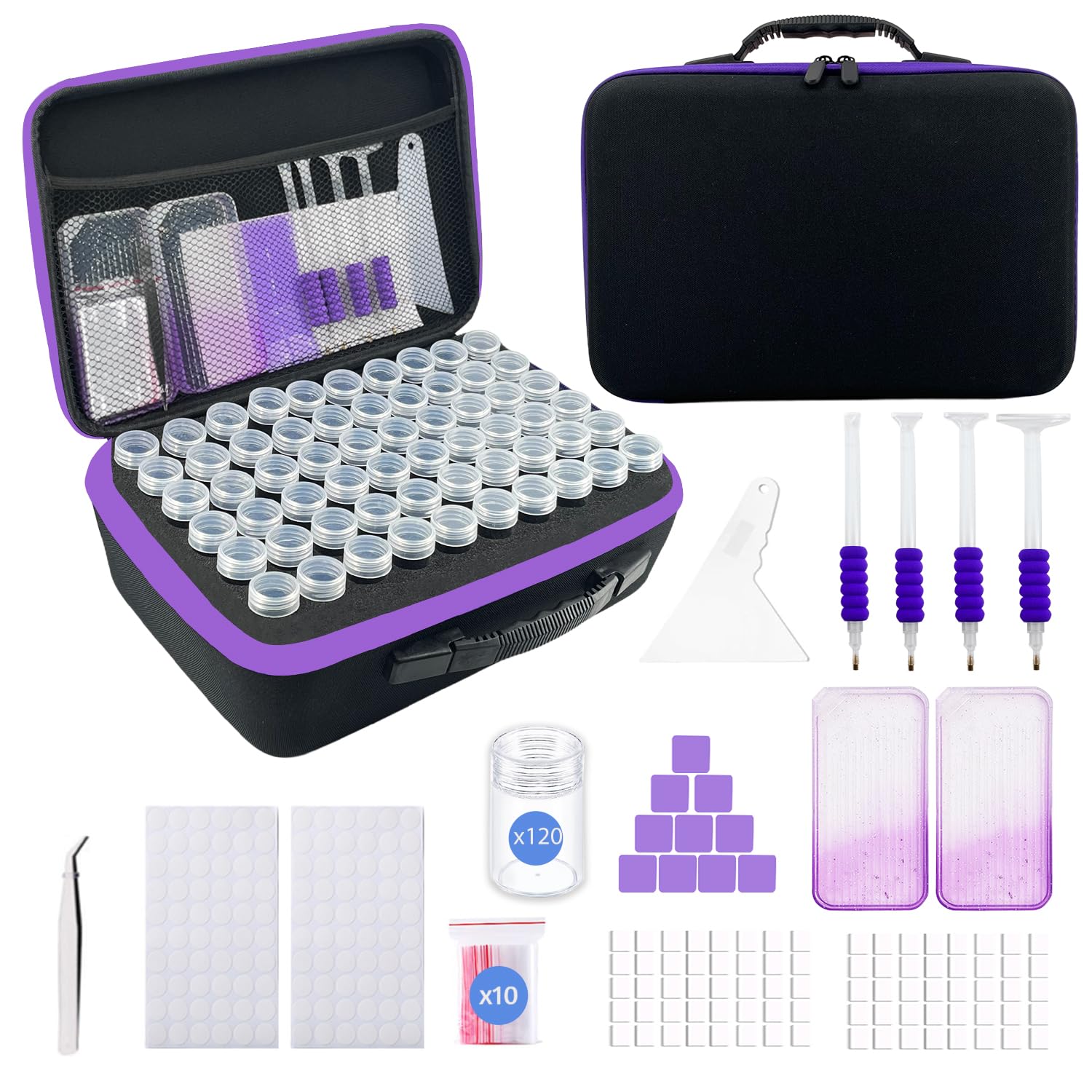 SuSentak Diamond Art Storage Containers with Dot Drill Tools,120 Slots Bead Organizer Case for 5D DIY Art Kits, Portable Craft Box for Diamond Painting Accessories (Black)